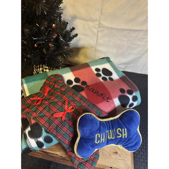 Other - Holiday Dog Gift Set – Plush “Chewish” Bone Toy +Paw Print Blanket (Bandit)